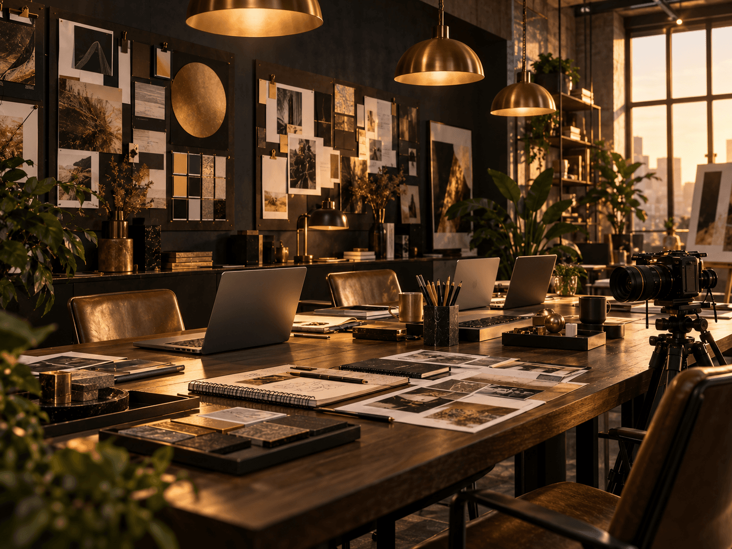 The Branding Crown studio — a long shared table with laptops, sketchbooks and warm gold pendant lights.