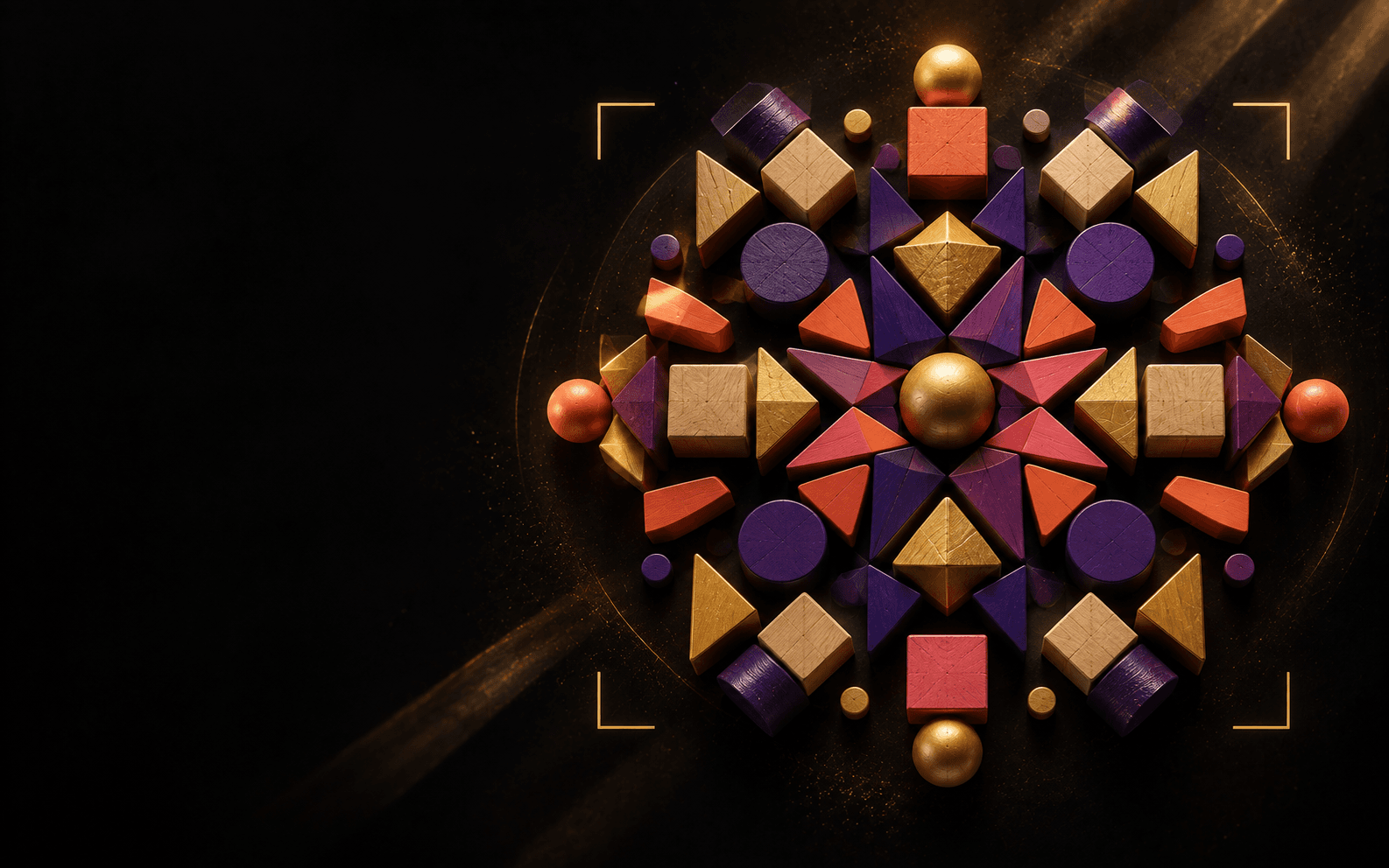 A symmetrical kaleidoscope of toy-like shapes framed by camera viewfinder corners.
