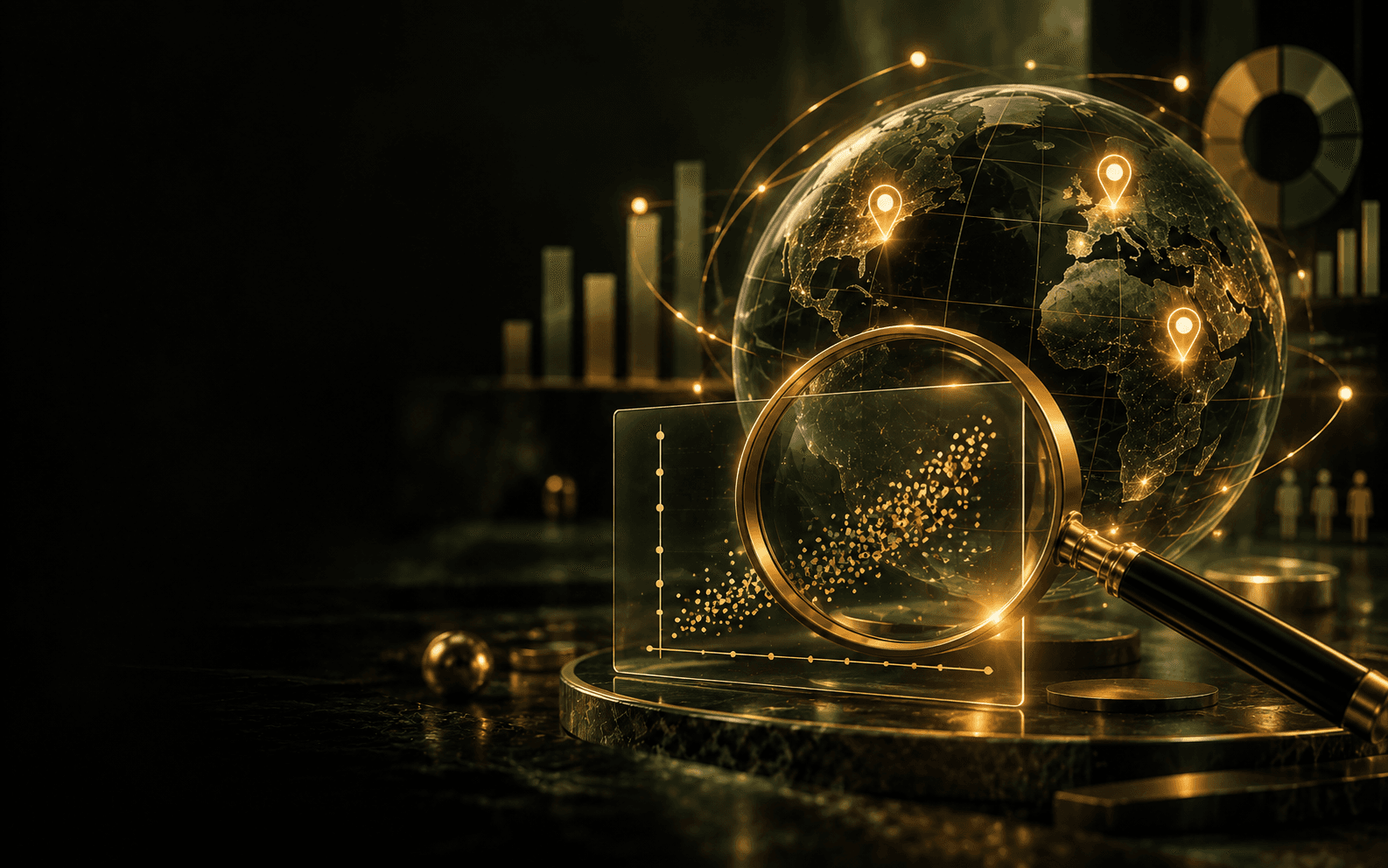 A meridian globe with three market pins beside a magnified scatter plot and trend line.