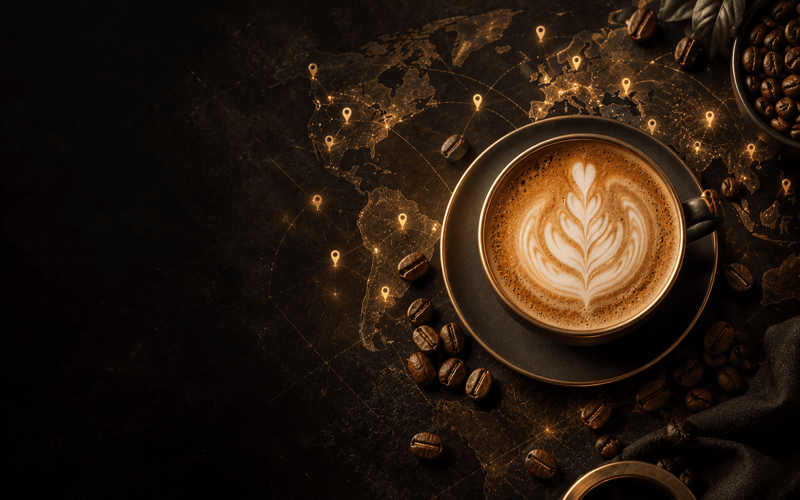 A top-down coffee cup and bean beside a consistent grid of location pins.