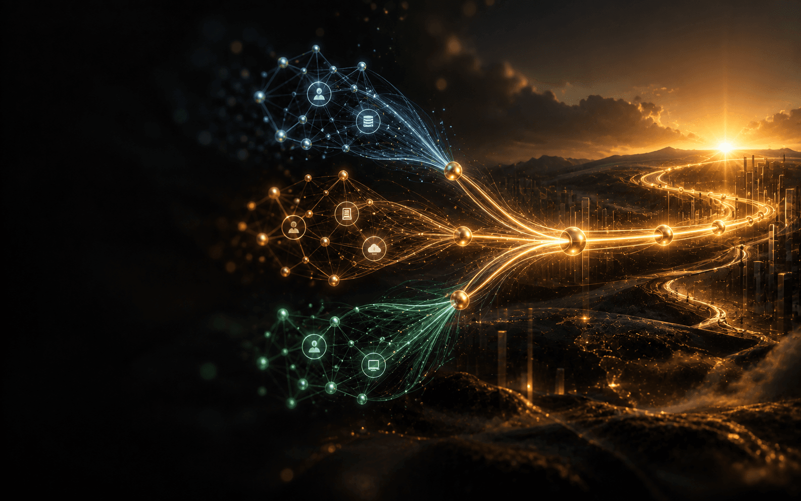 Three scattered node clusters converging into one unified pipeline beside a rising sun.