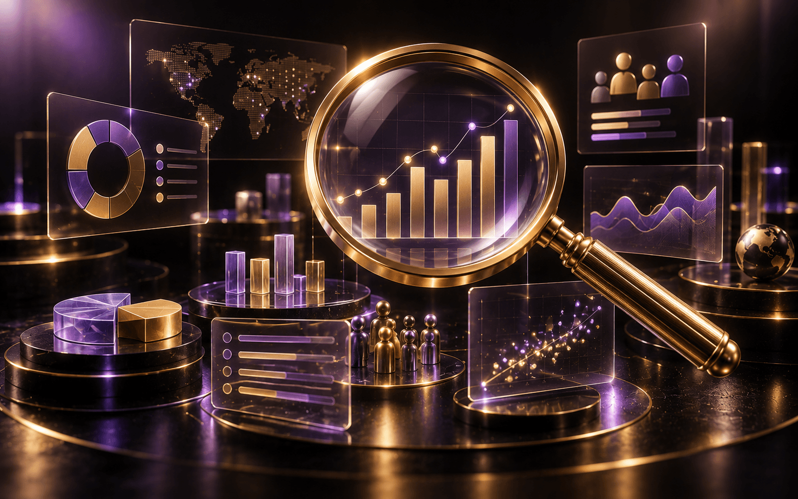 A gold magnifying glass hovering over holographic bar charts and scatter plots.