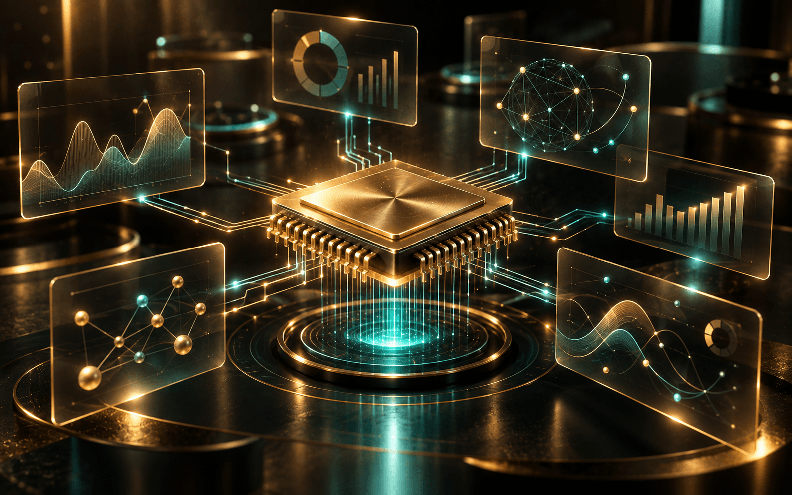 A gold microchip glowing with teal circuitry, floating dashboard panels around it.